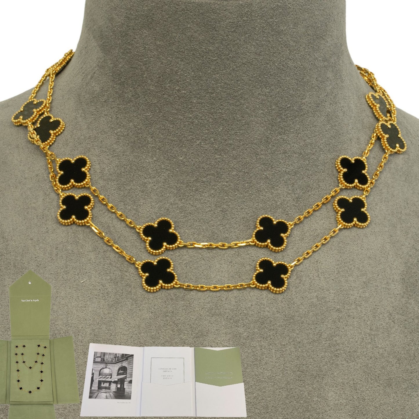 Van Cleef Arpels Onyx 20 Motif Vintage Alhambra 18k Gold Necklace POUCH & CERT
