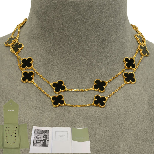 Van Cleef Arpels Onyx 20 Motif Vintage Alhambra 18k Gold Necklace POUCH & CERT