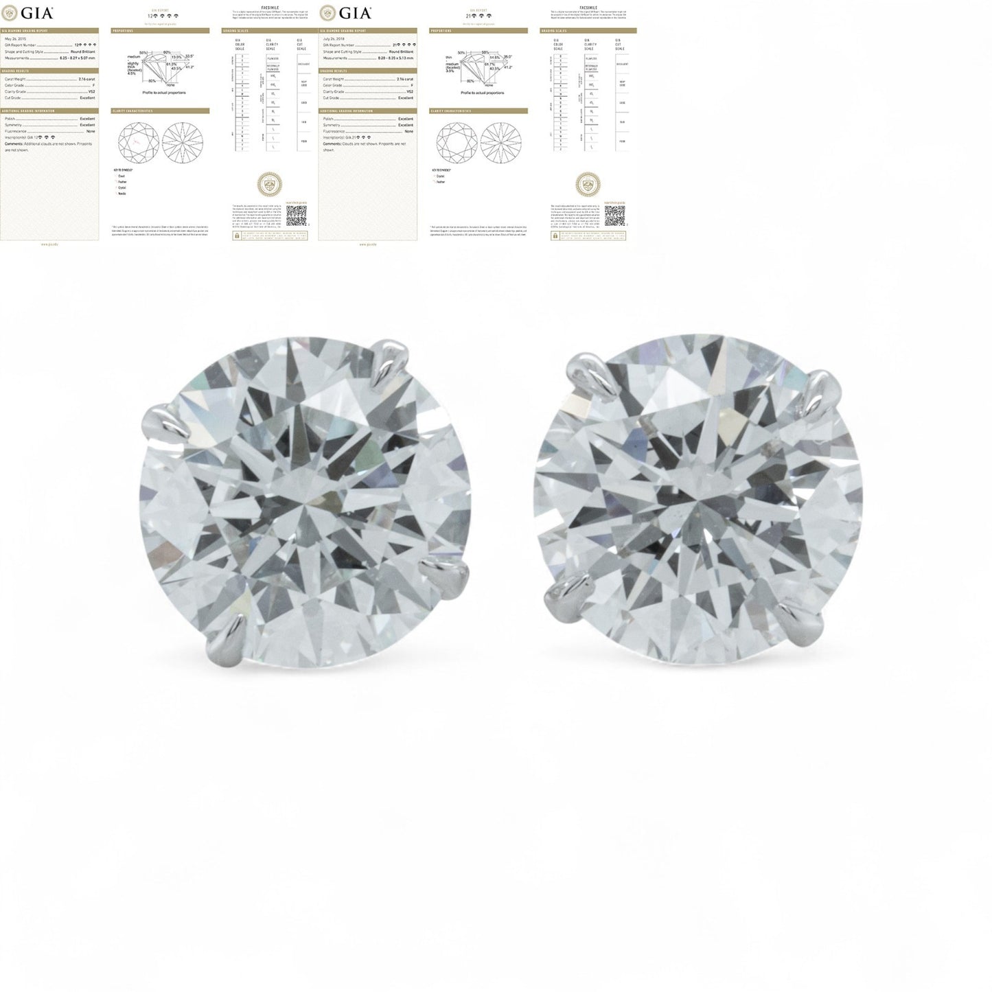 GIA 14k White Gold Round Diamond 4 Prong Martini Stud Earrings 4.32ctw F VS2