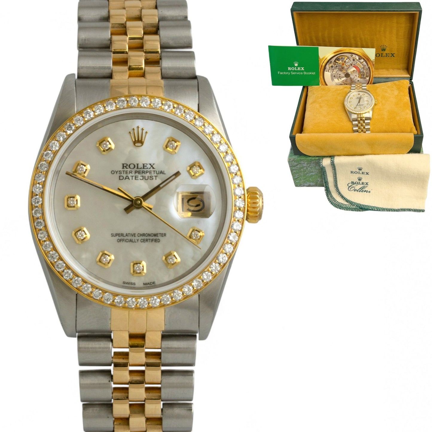 Rolex DateJust 16013 18k Gold & Stainless White MOP Diamond Dial Bezel 36mm BOX