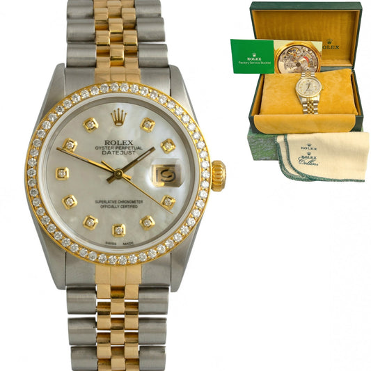 Rolex DateJust 16013 18k Gold & Stainless White MOP Diamond Dial Bezel 36mm BOX