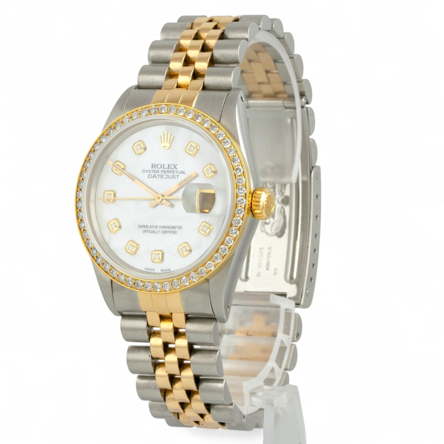 Rolex DateJust 16013 18k Gold & Stainless White MOP Diamond Dial Bezel 36mm BOX