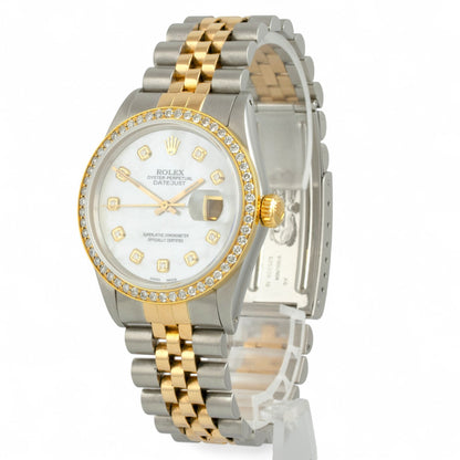 Rolex DateJust 16013 18k Gold & Stainless White MOP Diamond Dial Bezel 36mm BOX