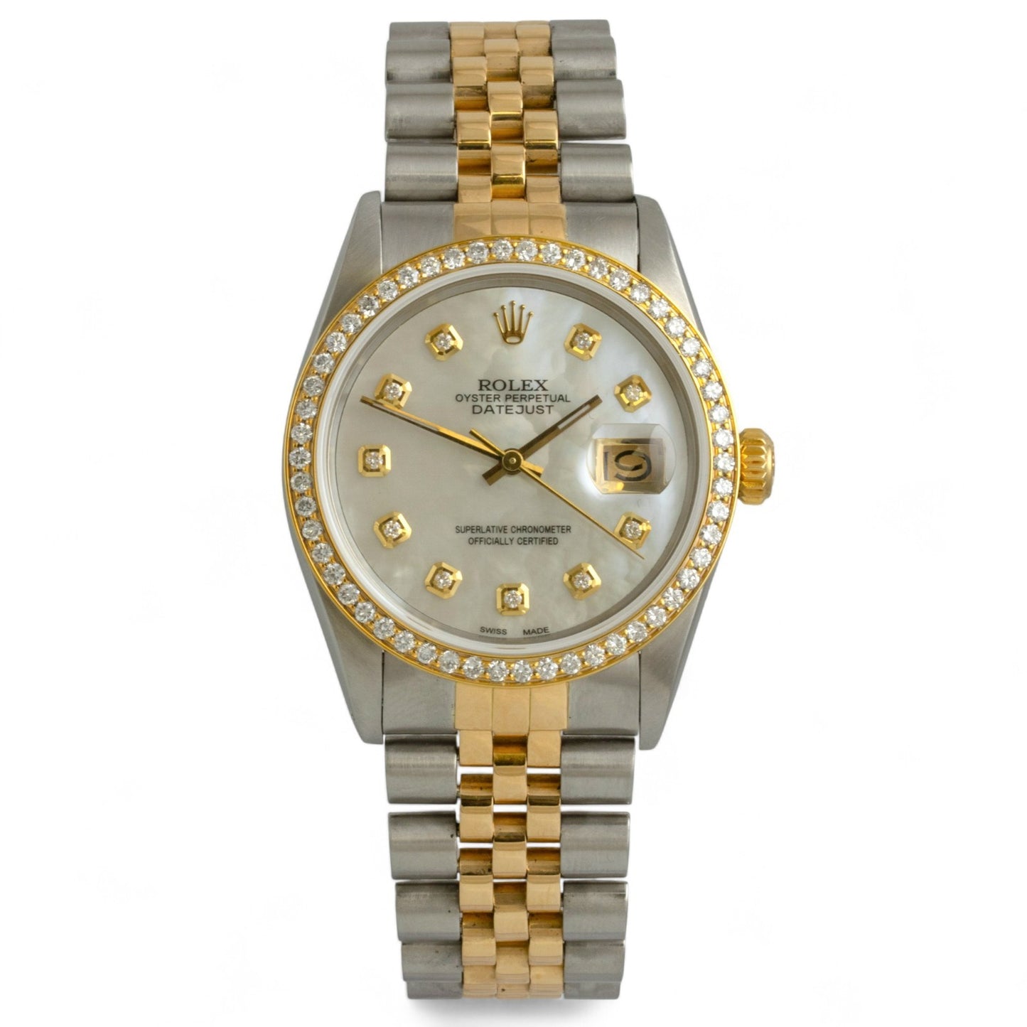 Rolex DateJust 16013 18k Gold & Stainless White MOP Diamond Dial Bezel 36mm BOX
