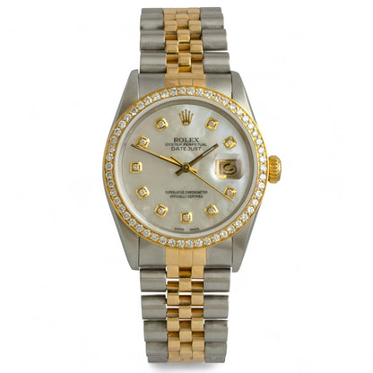 Rolex DateJust 16013 18k Gold & Stainless White MOP Diamond Dial Bezel 36mm BOX