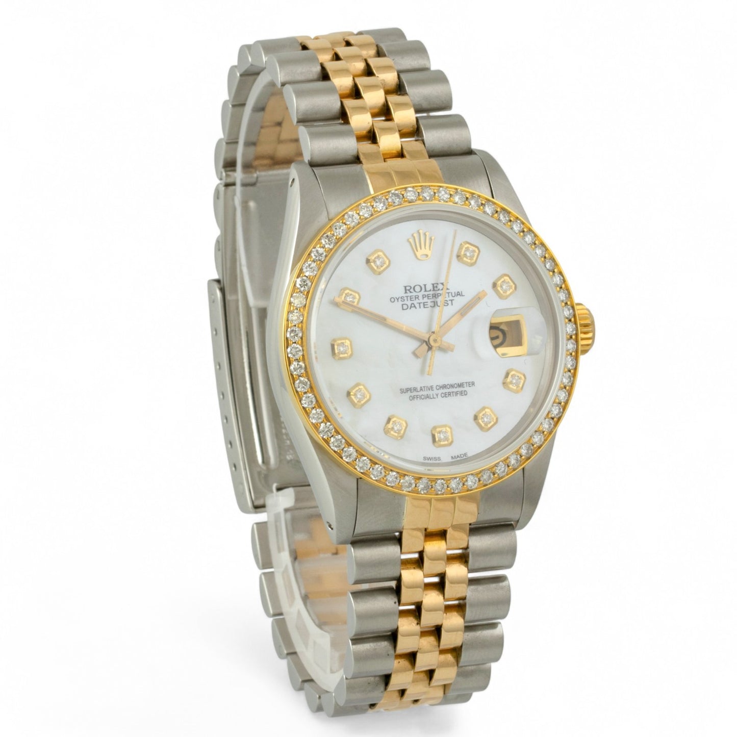 Rolex DateJust 16013 18k Gold & Stainless White MOP Diamond Dial Bezel 36mm BOX