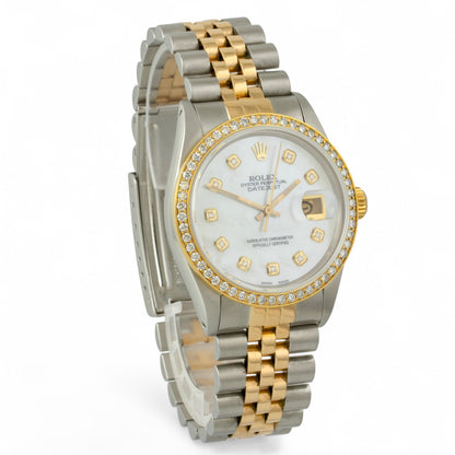 Rolex DateJust 16013 18k Gold & Stainless White MOP Diamond Dial Bezel 36mm BOX