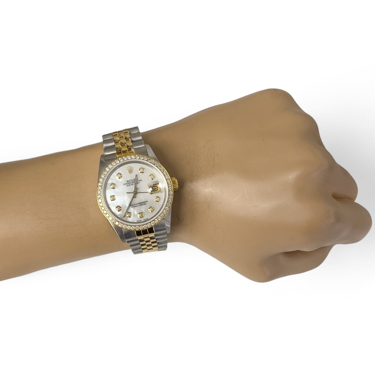 Rolex DateJust 16013 18k Gold & Stainless White MOP Diamond Dial Bezel 36mm BOX