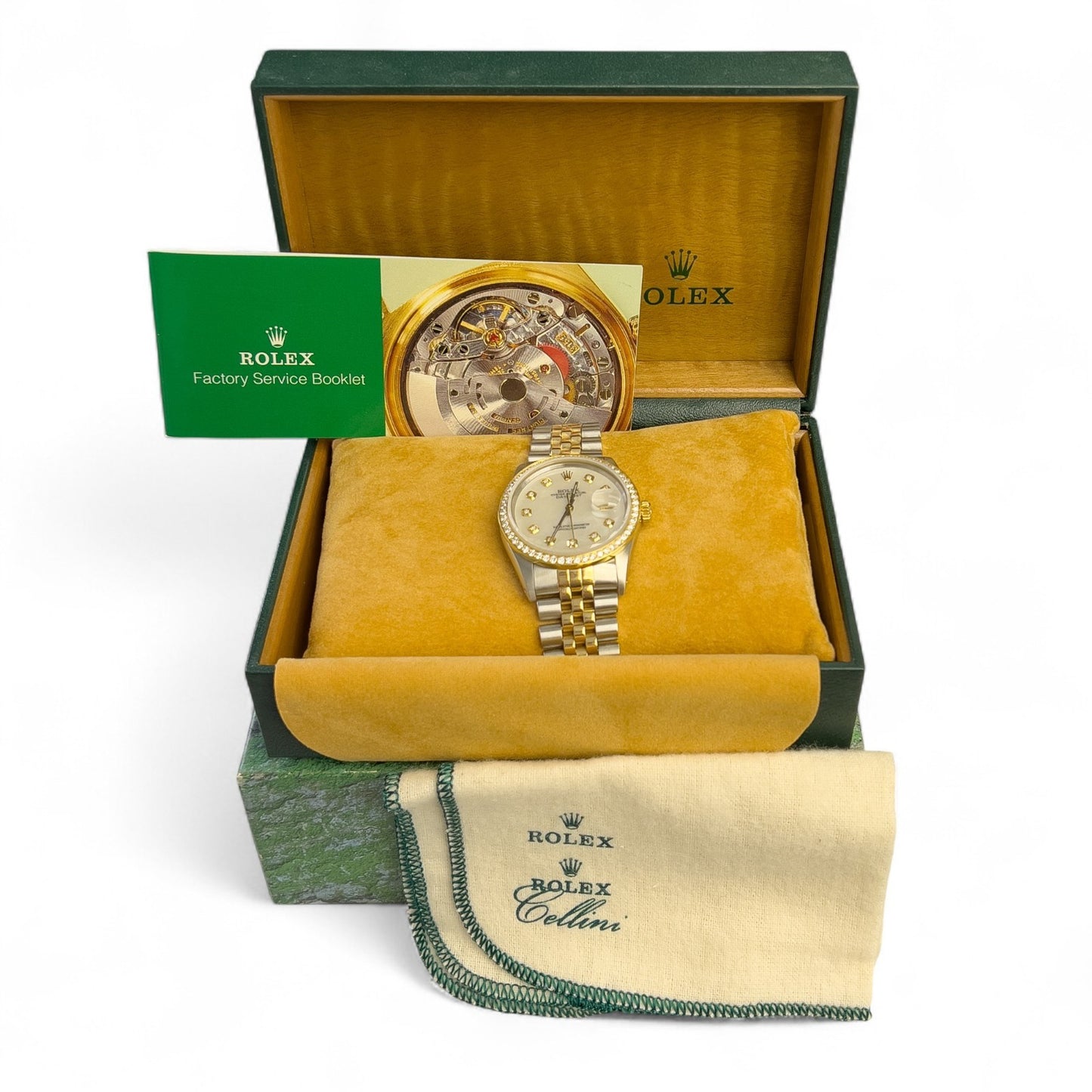Rolex DateJust 16013 18k Gold & Stainless White MOP Diamond Dial Bezel 36mm BOX