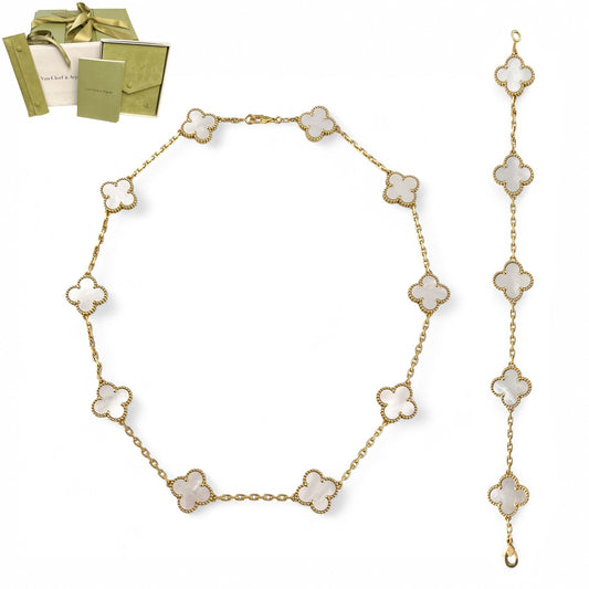 Van Cleef Arpels 18k MOP Vintage Alhambra 5/10 Motif Necklace Bracelet BOX CERT