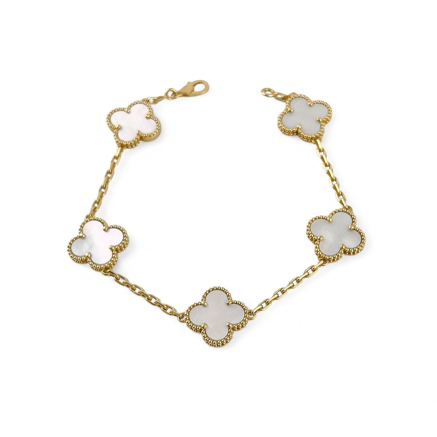 Van Cleef Arpels 18k MOP Vintage Alhambra 5/10 Motif Necklace Bracelet BOX CERT