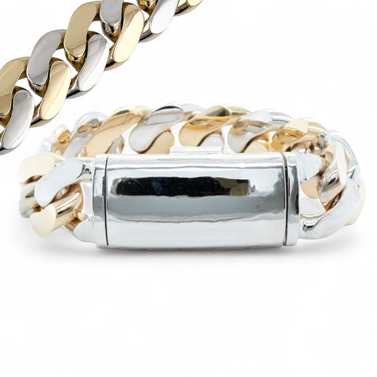14k White & Yellow Gold Two Tone 20mm Cuban Link Slide Buckle Bracelet 226.6g