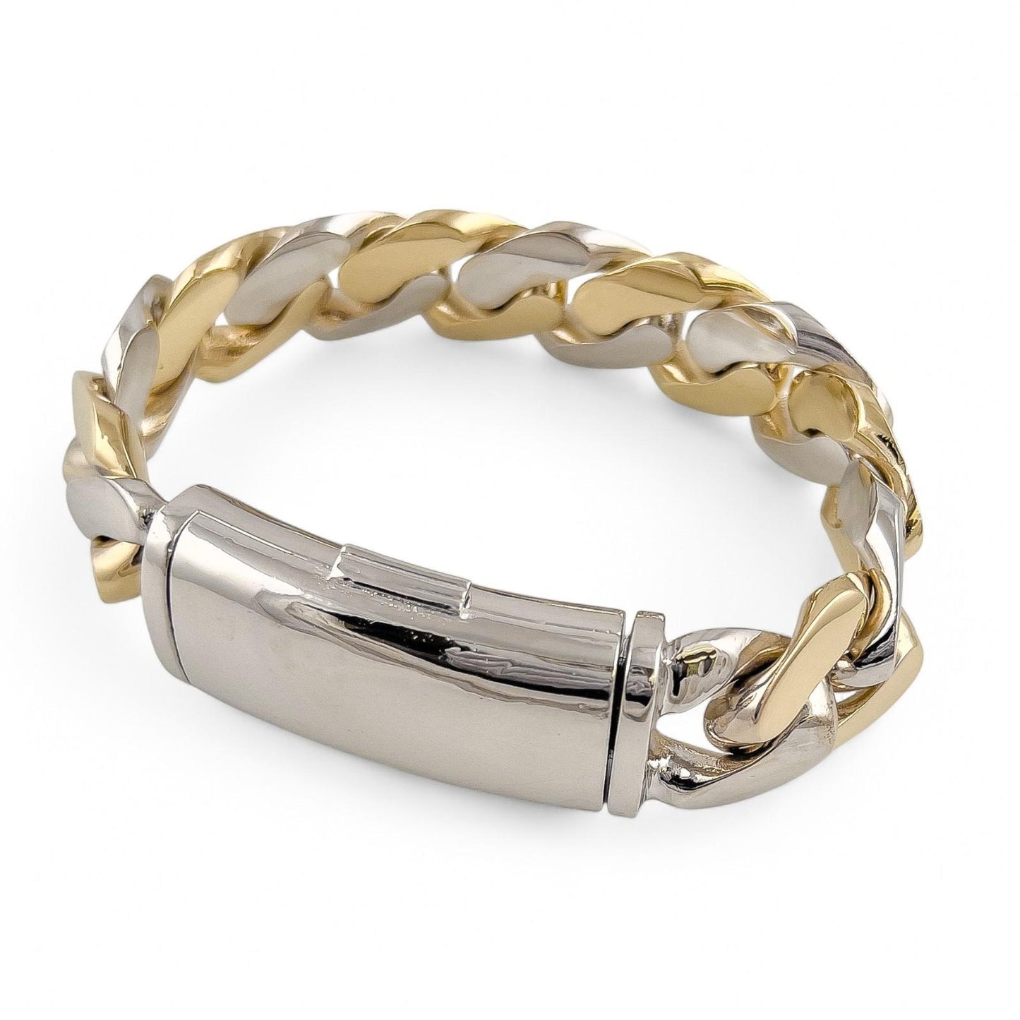 14k White & Yellow Gold Two Tone 20mm Cuban Link Slide Buckle Bracelet 226.6g