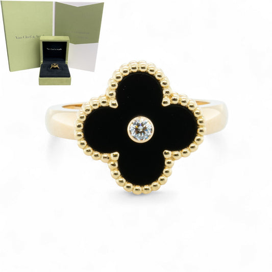 Van Cleef Arpels Onyx Vintage Alhambra 18k Yellow Gold Diamond Ring 54 BOX + COA
