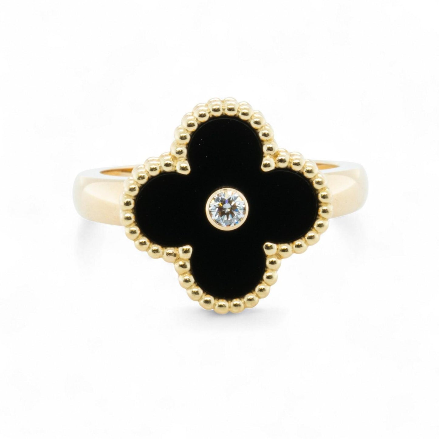 Van Cleef Arpels Onyx Vintage Alhambra 18k Yellow Gold Diamond Ring 54 BOX + COA