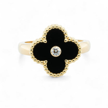 Van Cleef Arpels Onyx Vintage Alhambra 18k Yellow Gold Diamond Ring 54 BOX + COA