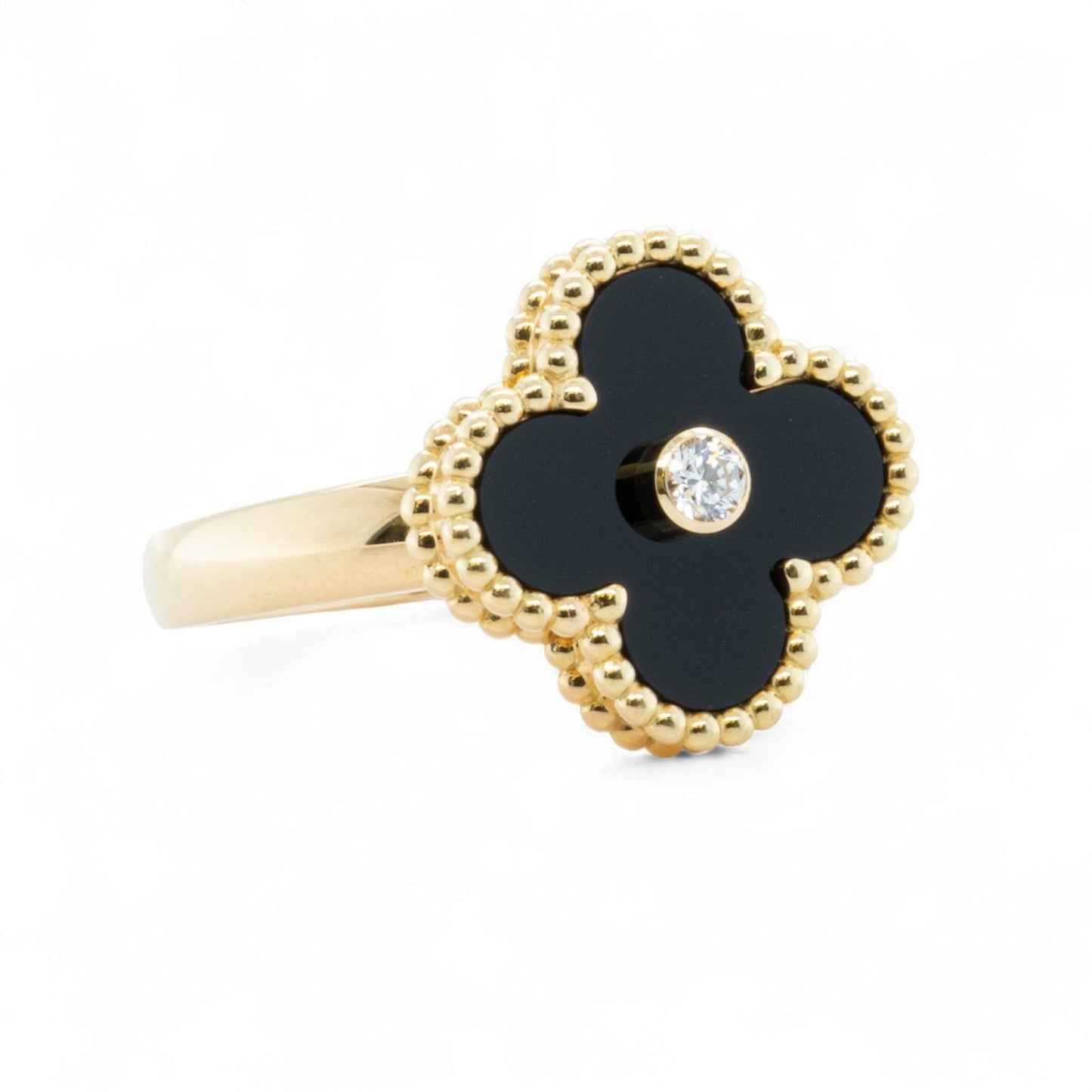 Van Cleef Arpels Onyx Vintage Alhambra 18k Yellow Gold Diamond Ring 54 BOX + COA