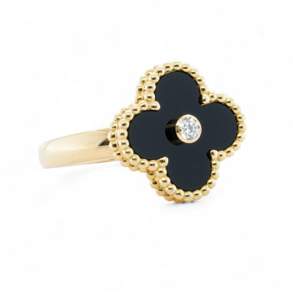 Van Cleef Arpels Onyx Vintage Alhambra 18k Yellow Gold Diamond Ring 54 BOX + COA