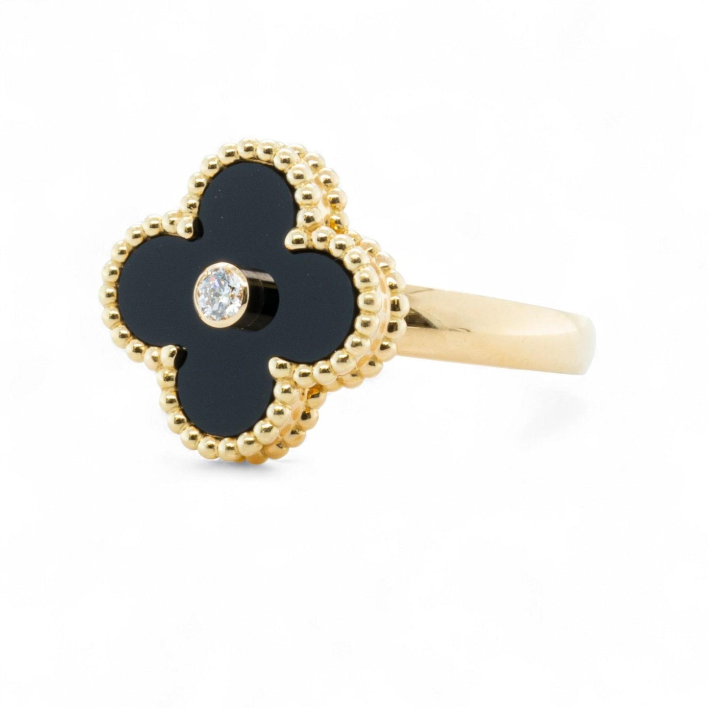 Van Cleef Arpels Onyx Vintage Alhambra 18k Yellow Gold Diamond Ring 54 BOX + COA