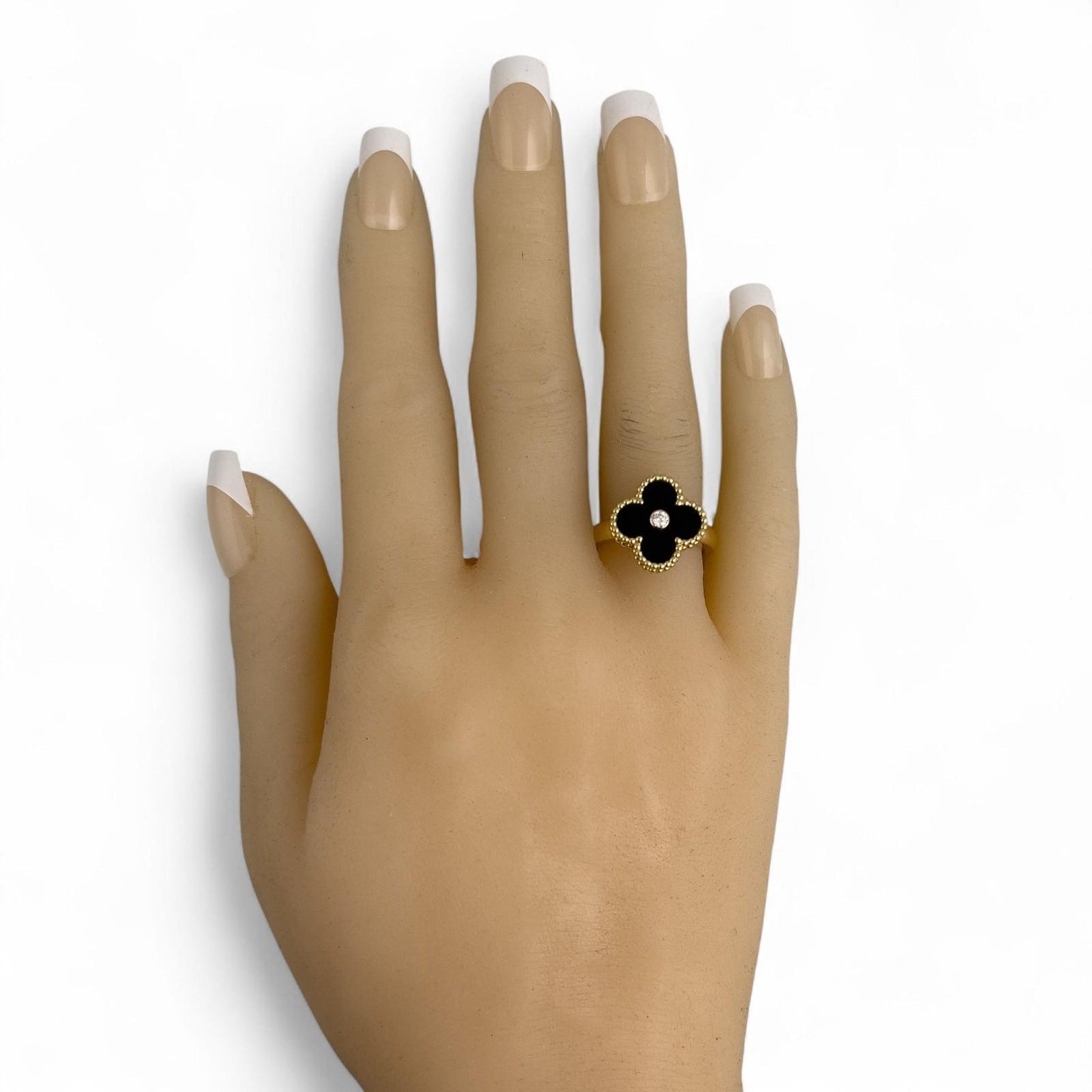 Van Cleef Arpels Onyx Vintage Alhambra 18k Yellow Gold Diamond Ring 54 BOX + COA
