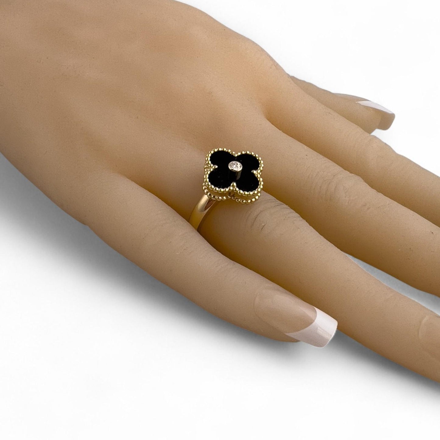 Van Cleef Arpels Onyx Vintage Alhambra 18k Yellow Gold Diamond Ring 54 BOX + COA