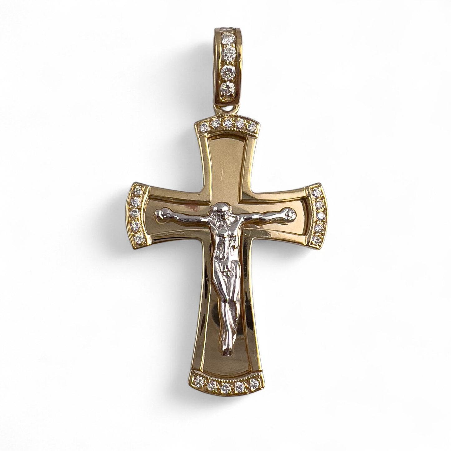 14k Yellow & White Gold Diamond Crucifix Cross Shadowbox Mirror Pendant 0.30ctw