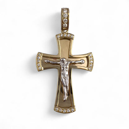 14k Yellow & White Gold Diamond Crucifix Cross Shadowbox Mirror Pendant 0.30ctw