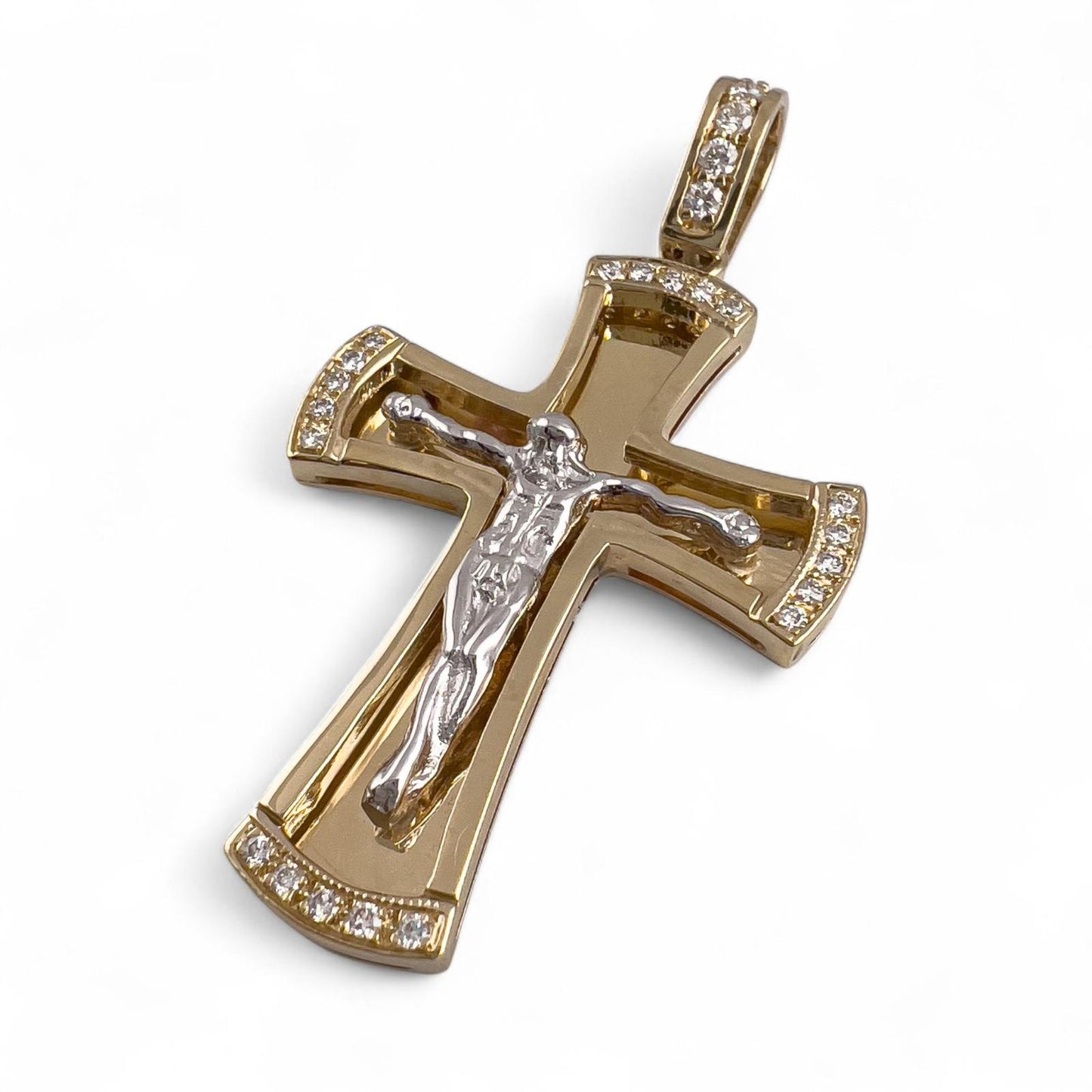 14k Yellow & White Gold Diamond Crucifix Cross Shadowbox Mirror Pendant 0.30ctw