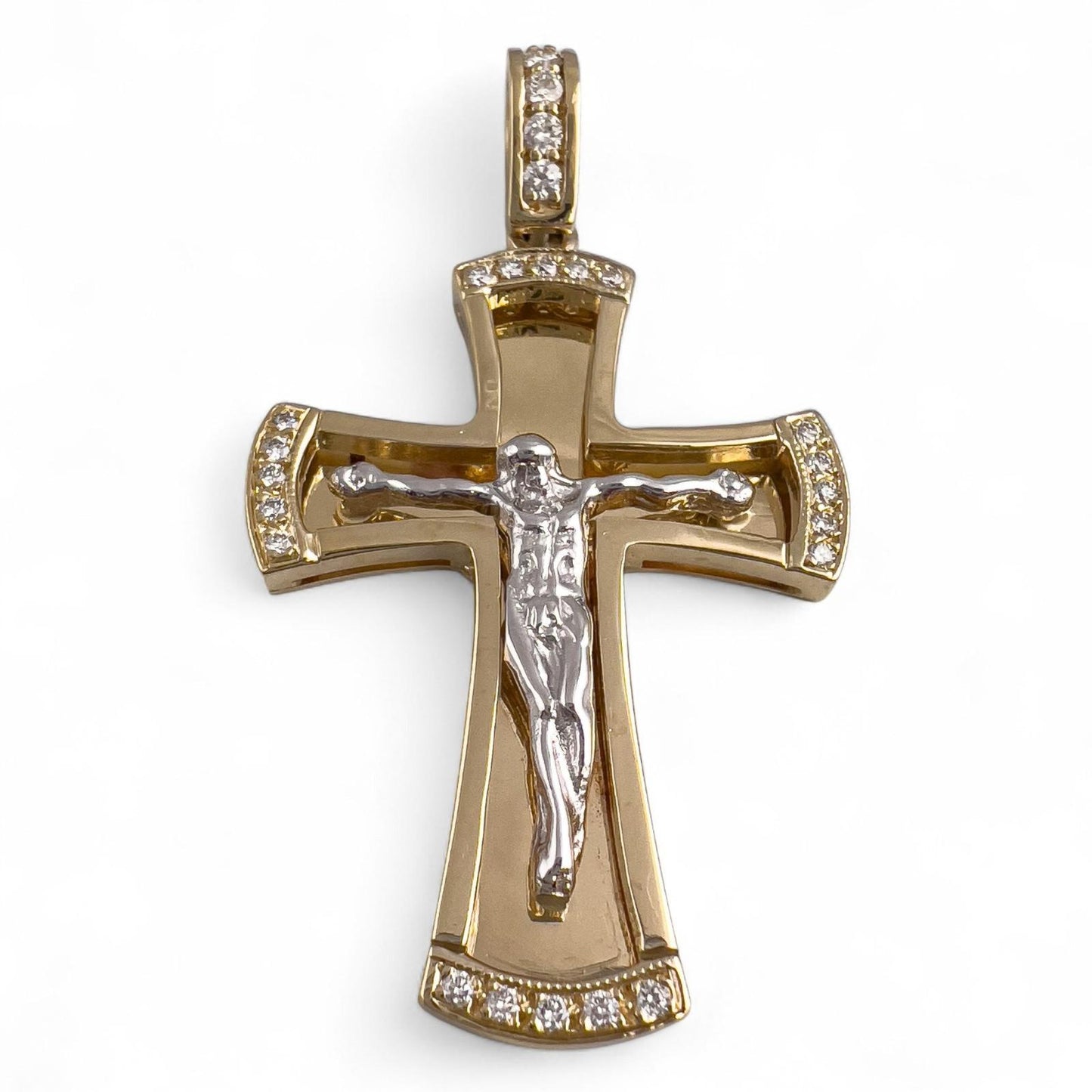 14k Yellow & White Gold Diamond Crucifix Cross Shadowbox Mirror Pendant 0.30ctw