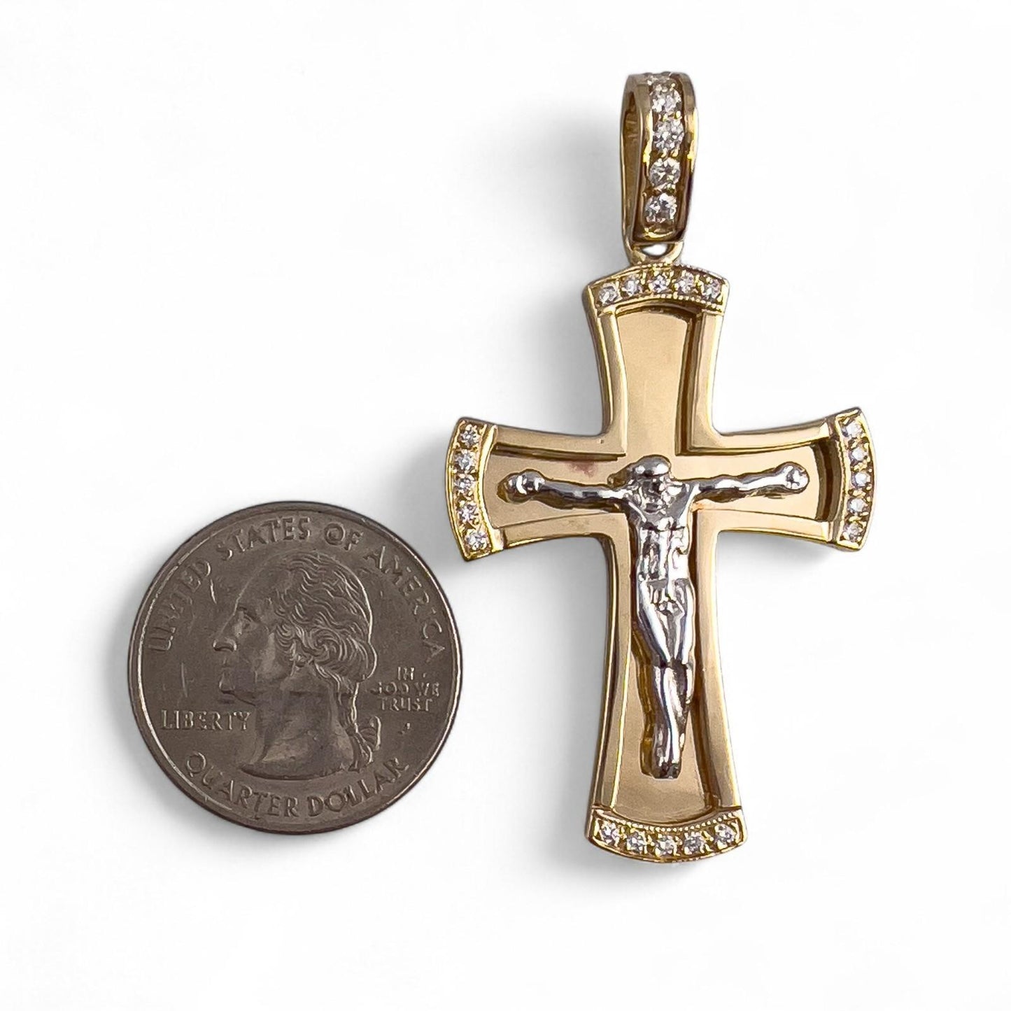 14k Yellow & White Gold Diamond Crucifix Cross Shadowbox Mirror Pendant 0.30ctw