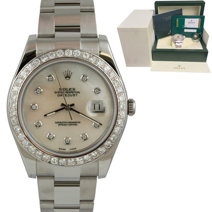 Rolex Datejust II 41mm MOP Diamond Dial Bezel Stainless Steel 116300 BOX PAPERS
