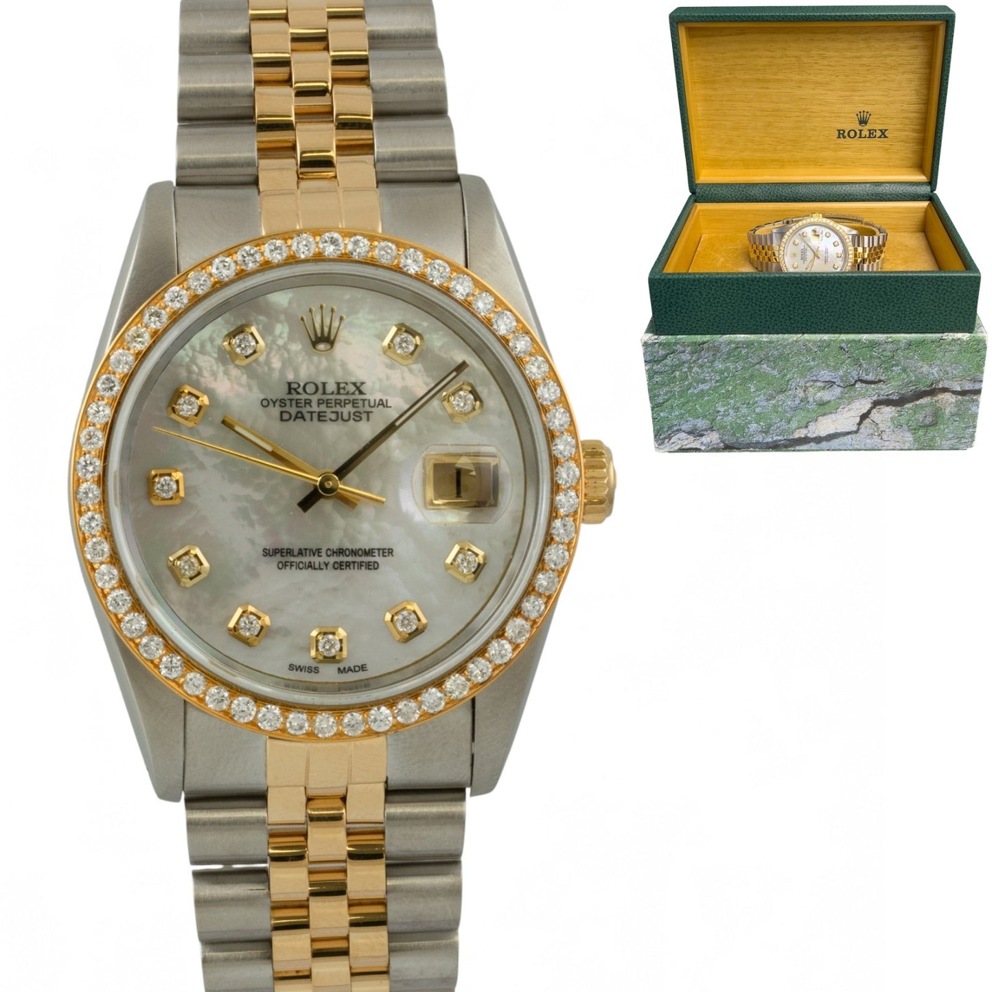 Rolex Datejust 36mm MOP Diamond Dial Bezel 18k Gold & Stainless Steel 16233 BOX