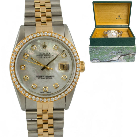 Rolex Datejust 36mm MOP Diamond Dial Bezel 18k Gold & Stainless Steel 16233 BOX