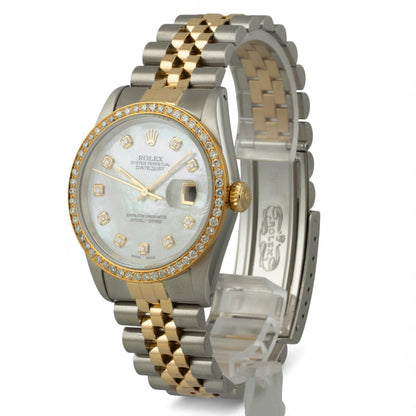 Rolex Datejust 36mm MOP Diamond Dial Bezel 18k Gold & Stainless Steel 16233 BOX