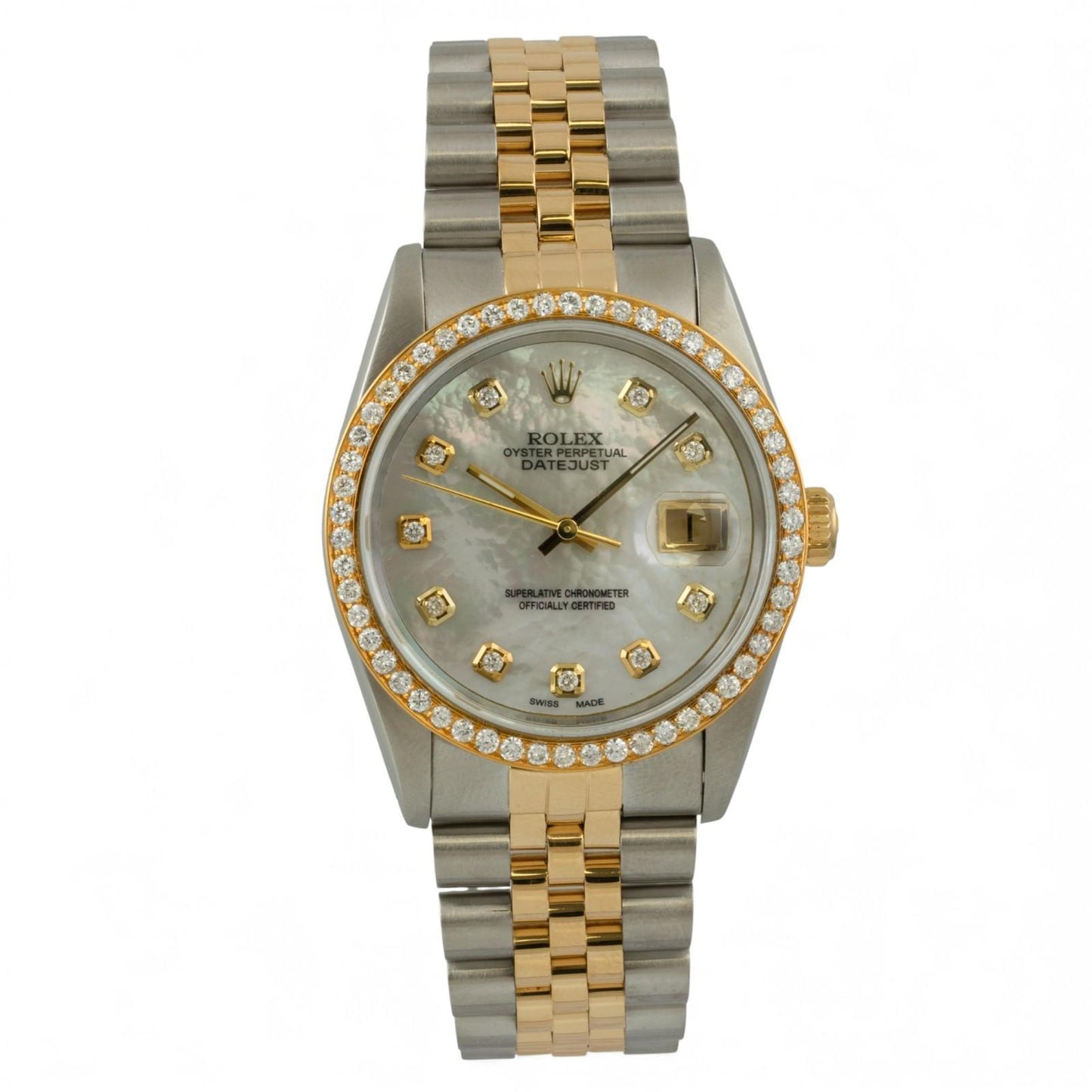 Rolex Datejust 36mm MOP Diamond Dial Bezel 18k Gold & Stainless Steel 16233 BOX
