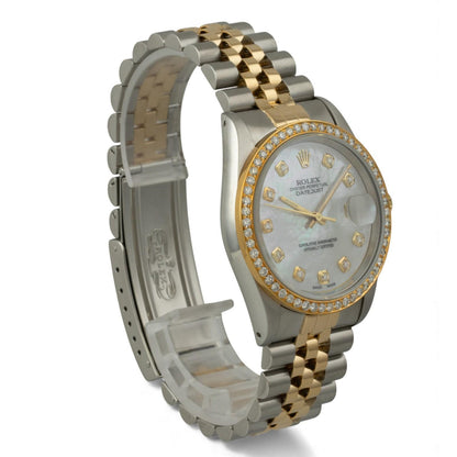 Rolex Datejust 36mm MOP Diamond Dial Bezel 18k Gold & Stainless Steel 16233 BOX