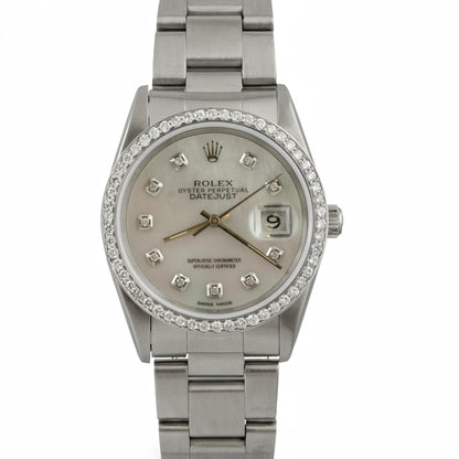 1991 Rolex Datejust 36mm MOP Diamond Dial Bezel Stainless Steel Watch 16220