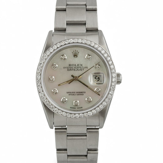 1991 Rolex Datejust 36mm MOP Diamond Dial Bezel Stainless Steel Watch 16220