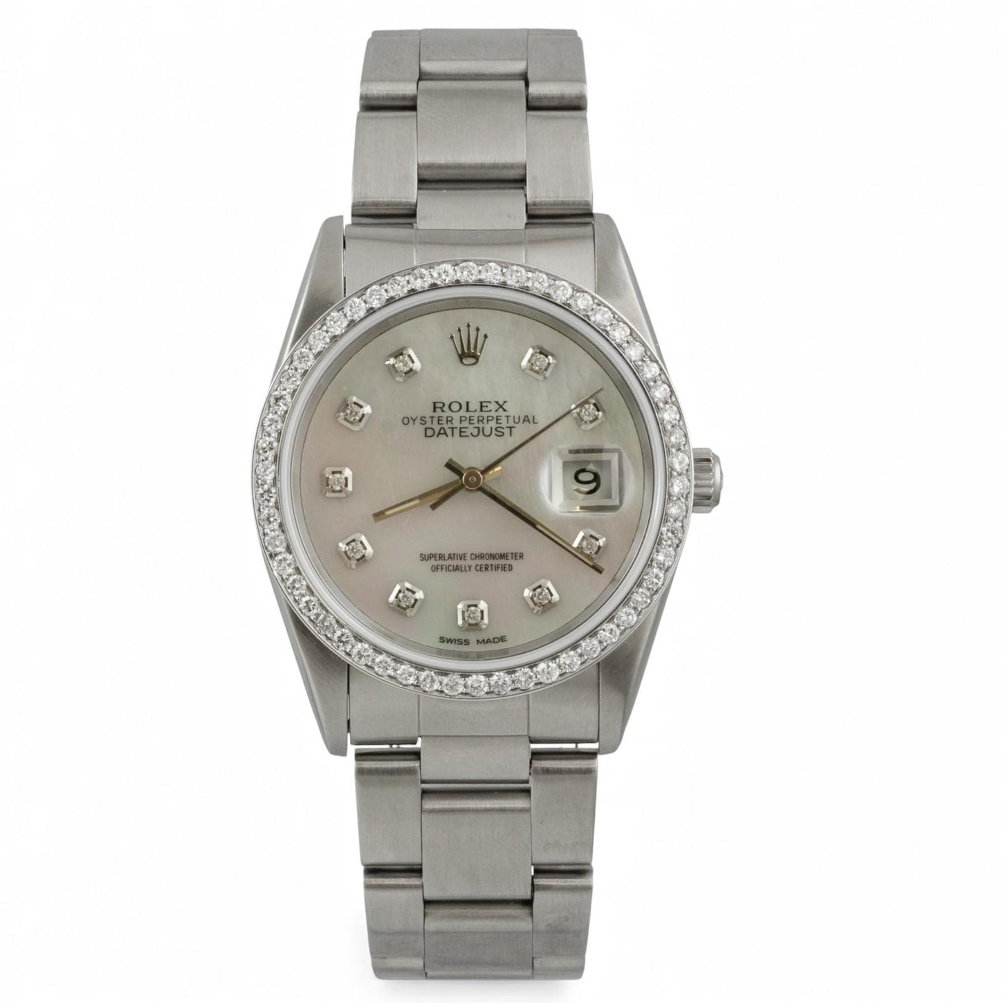 1991 Rolex Datejust 36mm MOP Diamond Dial Bezel Stainless Steel Watch 16220