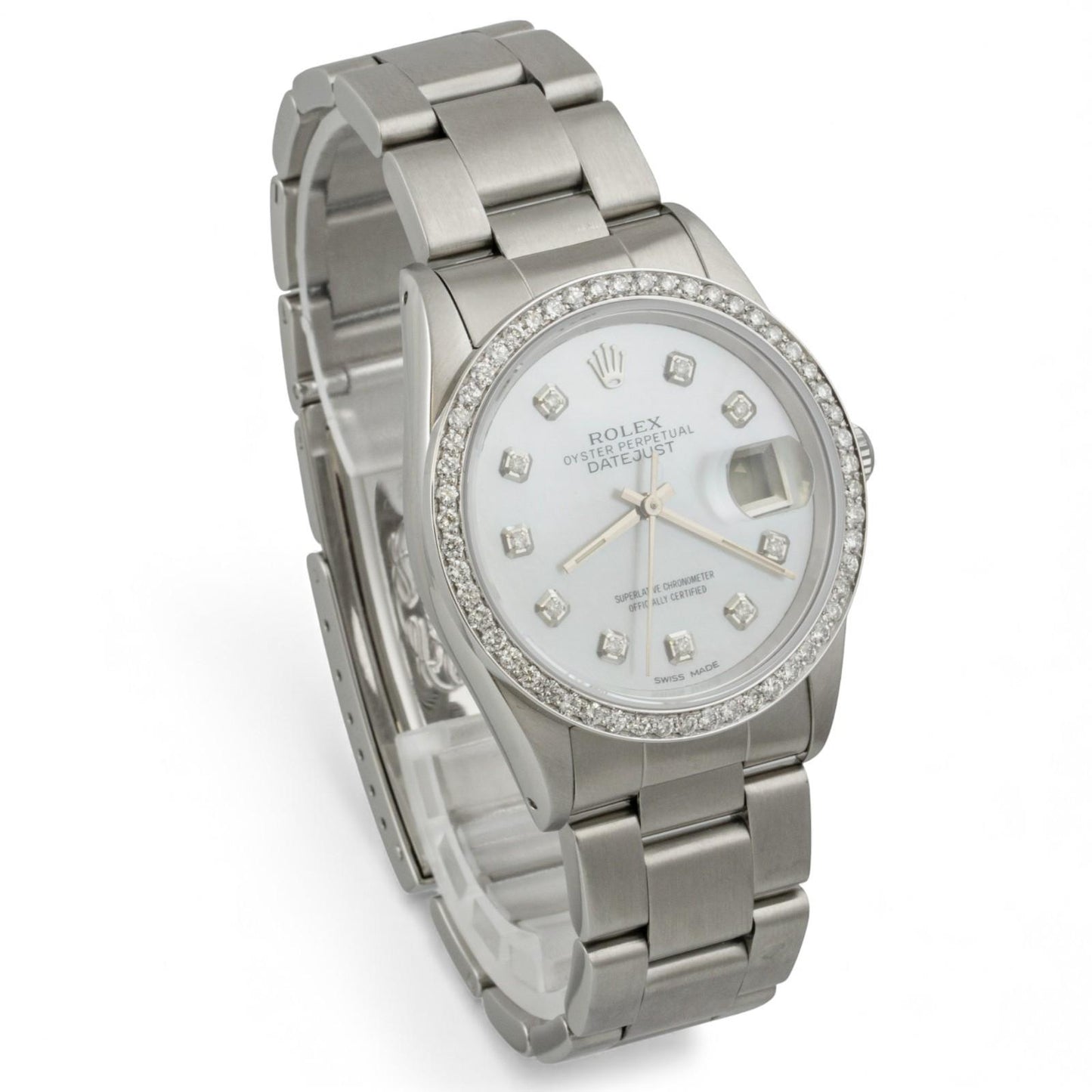 1991 Rolex Datejust 36mm MOP Diamond Dial Bezel Stainless Steel Watch 16220