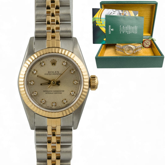 1990 Rolex DateJust 67193 26mm SILVER Diamond Steel 18k Gold Ladies JUBILEE BOX