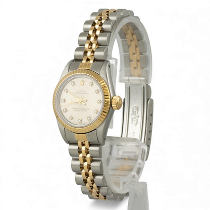 1990 Rolex DateJust 67193 26mm SILVER Diamond Steel 18k Gold Ladies JUBILEE BOX