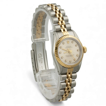 1990 Rolex DateJust 67193 26mm SILVER Diamond Steel 18k Gold Ladies JUBILEE BOX