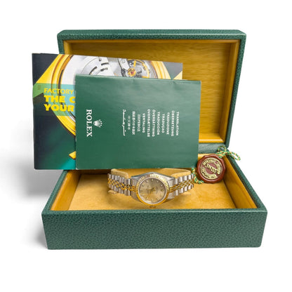 1990 Rolex DateJust 67193 26mm SILVER Diamond Steel 18k Gold Ladies JUBILEE BOX