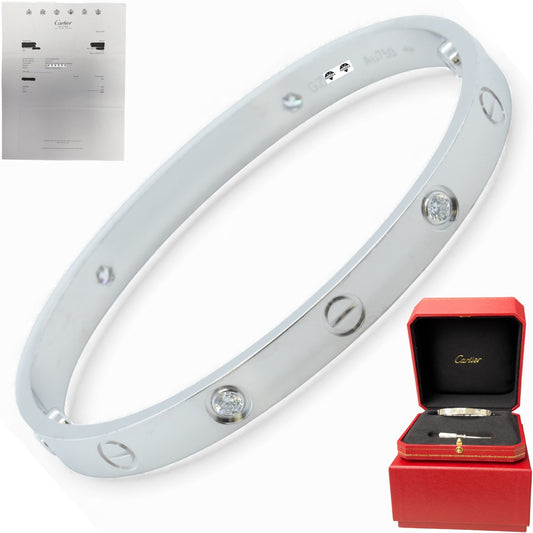 Cartier LOVE 18k White Gold 4 Diamond Bangle Bracelet Size 17 BOX + RECEIPT