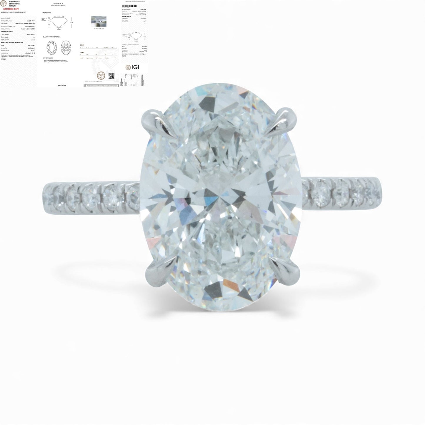 IGI 14k White Gold Lab Grown 5.03ct D VVS2 Oval Diamond Engagement Ring Size 7