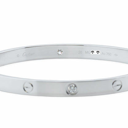 Cartier LOVE 18k White Gold 4 Diamond Classic Bracelet SZ 20 BAG BOX POUCH RCPT