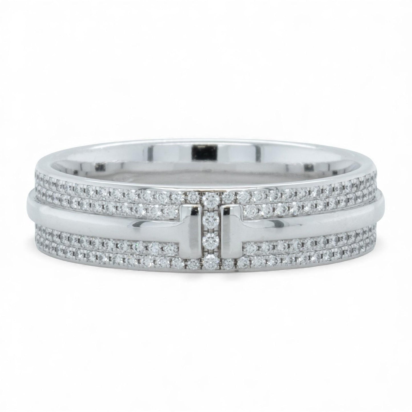Tiffany & Co. T Wide Pave Diamond 18k White Gold Band 0.57ctw Ring Size 10.5