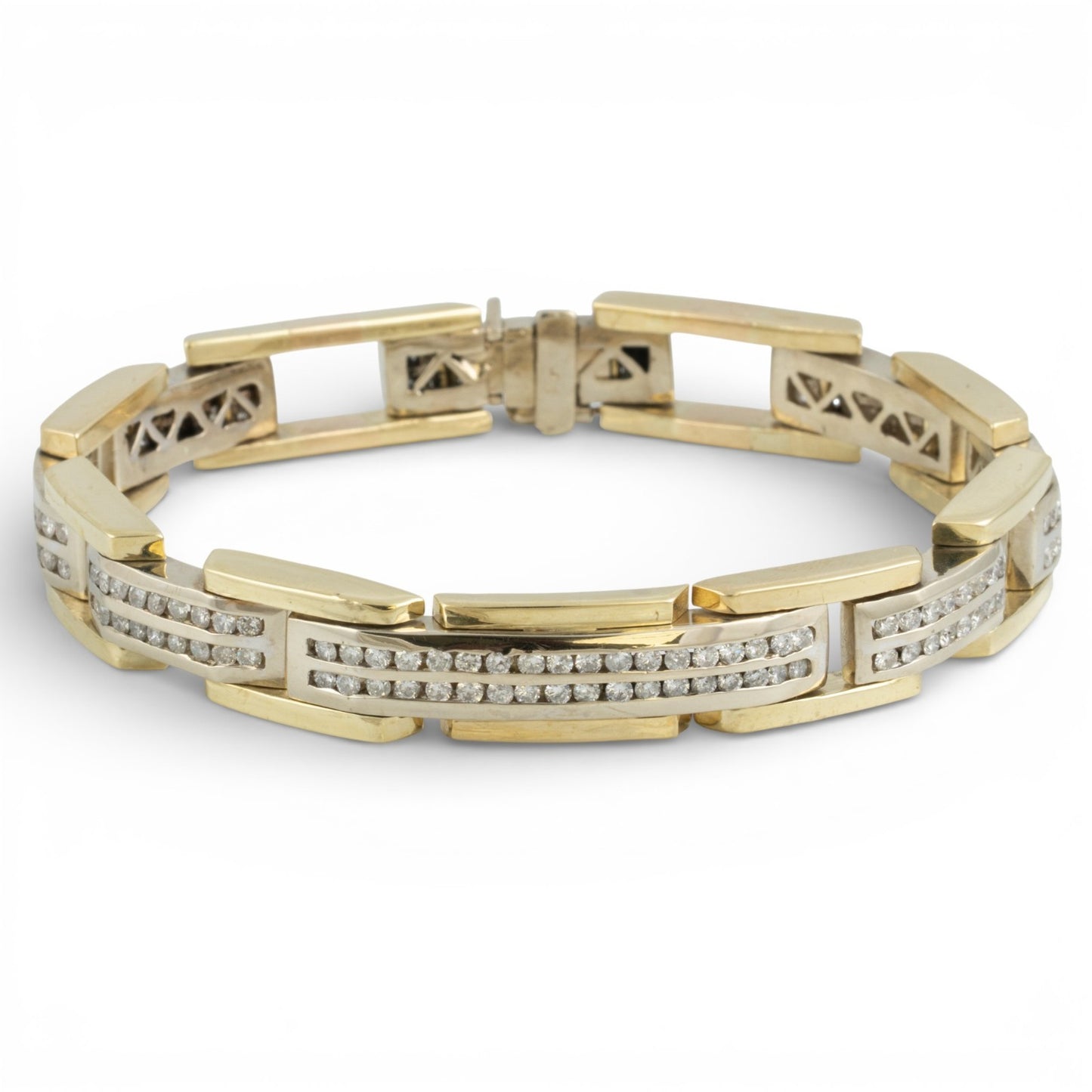 14k White & Yellow Gold Two Row Diamond Bar Link Station Bracelet 3.00ctw 8.25"