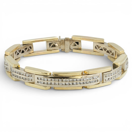 14k White & Yellow Gold Two Row Diamond Bar Link Station Bracelet 3.00ctw 8.25"